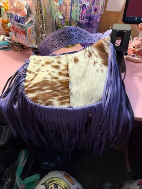 Lavender Fringe Shoulder Bag with Hair-on-Hide Panel